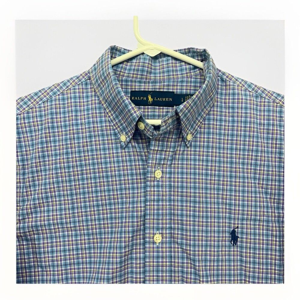 Polo Ralph Lauren Mens Shirt Classic Fit Cotton Purple & Blue Check Size Large